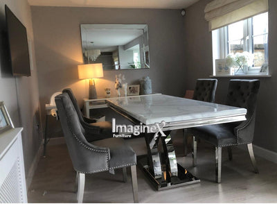 Ottavia White Marble 180CM Dining Table + Knightsbridge Chrome Knocker Plush Velvet Dining Chairs-Esme Furnishings
