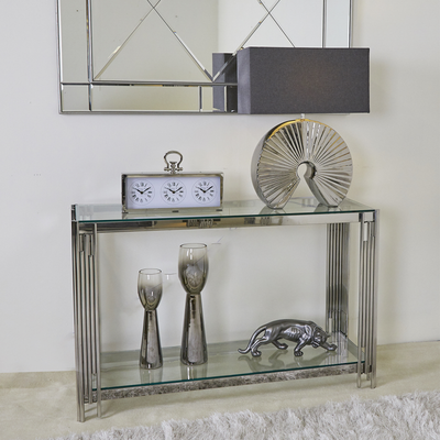Colmar Stainless Steel & Glass Console Table-Esme Furnishings