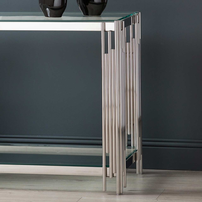 Colmar Stainless Steel & Glass Console Table-Esme Furnishings