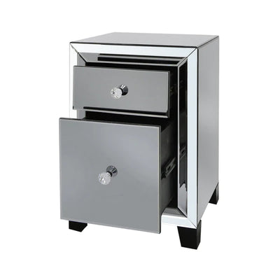 Omano Smoked Glass Mirrored 2 Drawer Bedside Cabinet Side Table-Esme Furnishings
