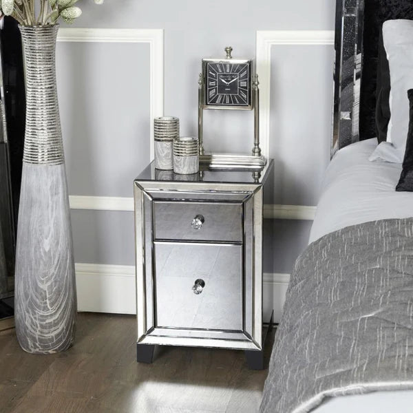 Omano Smoked Glass Mirrored 2 Drawer Bedside Cabinet Side Table-Esme Furnishings