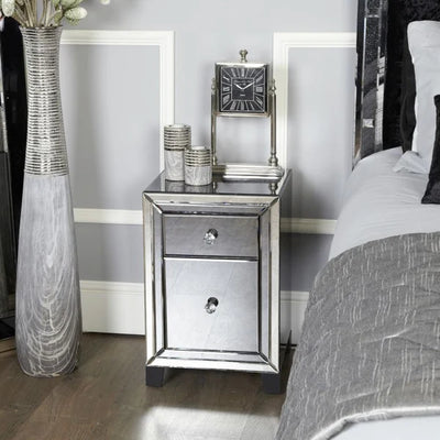 Omano Smoked Glass Mirrored 2 Drawer Bedside Cabinet Side Table-Esme Furnishings
