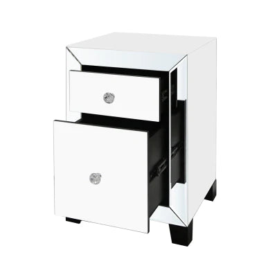 Omano White Glass Mirrored 2 Drawer Bedside Cabinet Side Table-Esme Furnishings