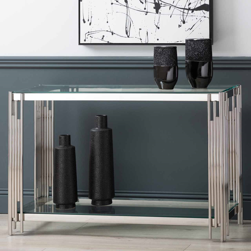 Colmar Stainless Steel & Glass Console Table-Esme Furnishings