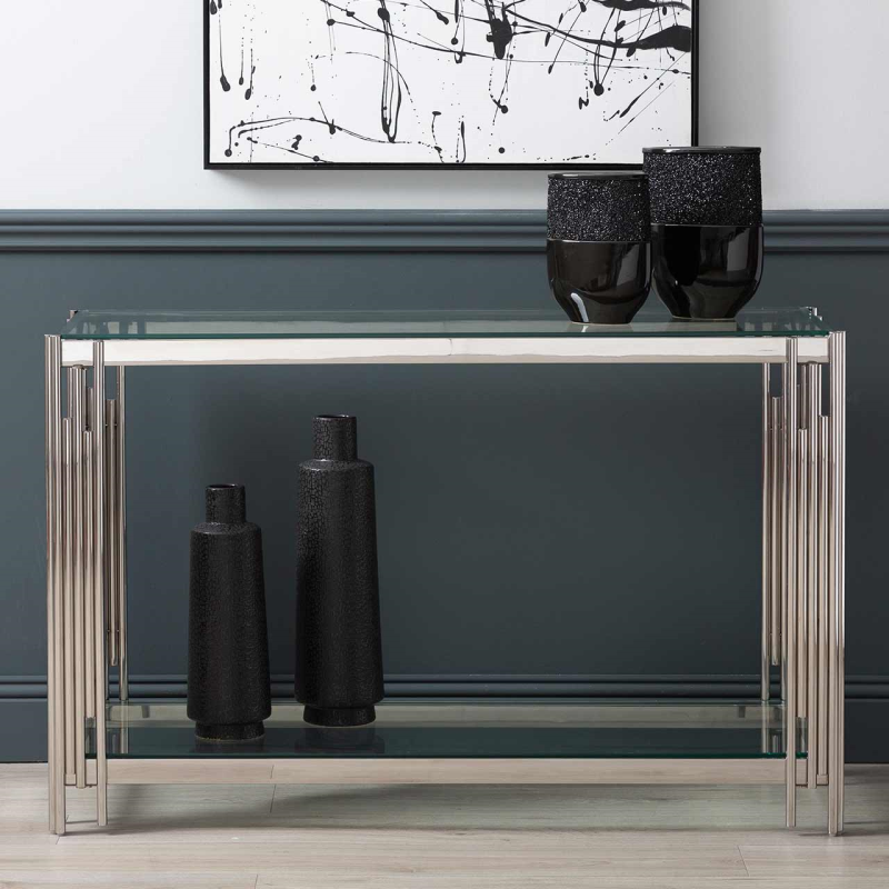 Colmar Stainless Steel & Glass Console Table-Esme Furnishings