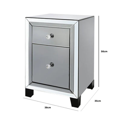 Omano Smoked Glass Mirrored 2 Drawer Bedside Cabinet Side Table-Esme Furnishings
