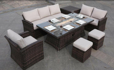 8 Seater Rattan Outdoor Garden Furniture Set With Gas Fire Pit Table-Esme Furnishings