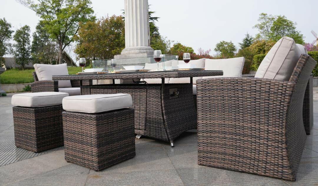 8 Seater Rattan Outdoor Garden Furniture Set With Gas Fire Pit Table-Esme Furnishings