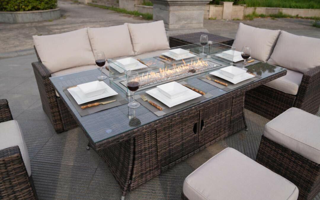 8 Seater Rattan Outdoor Garden Furniture Set With Gas Fire Pit Table-Esme Furnishings