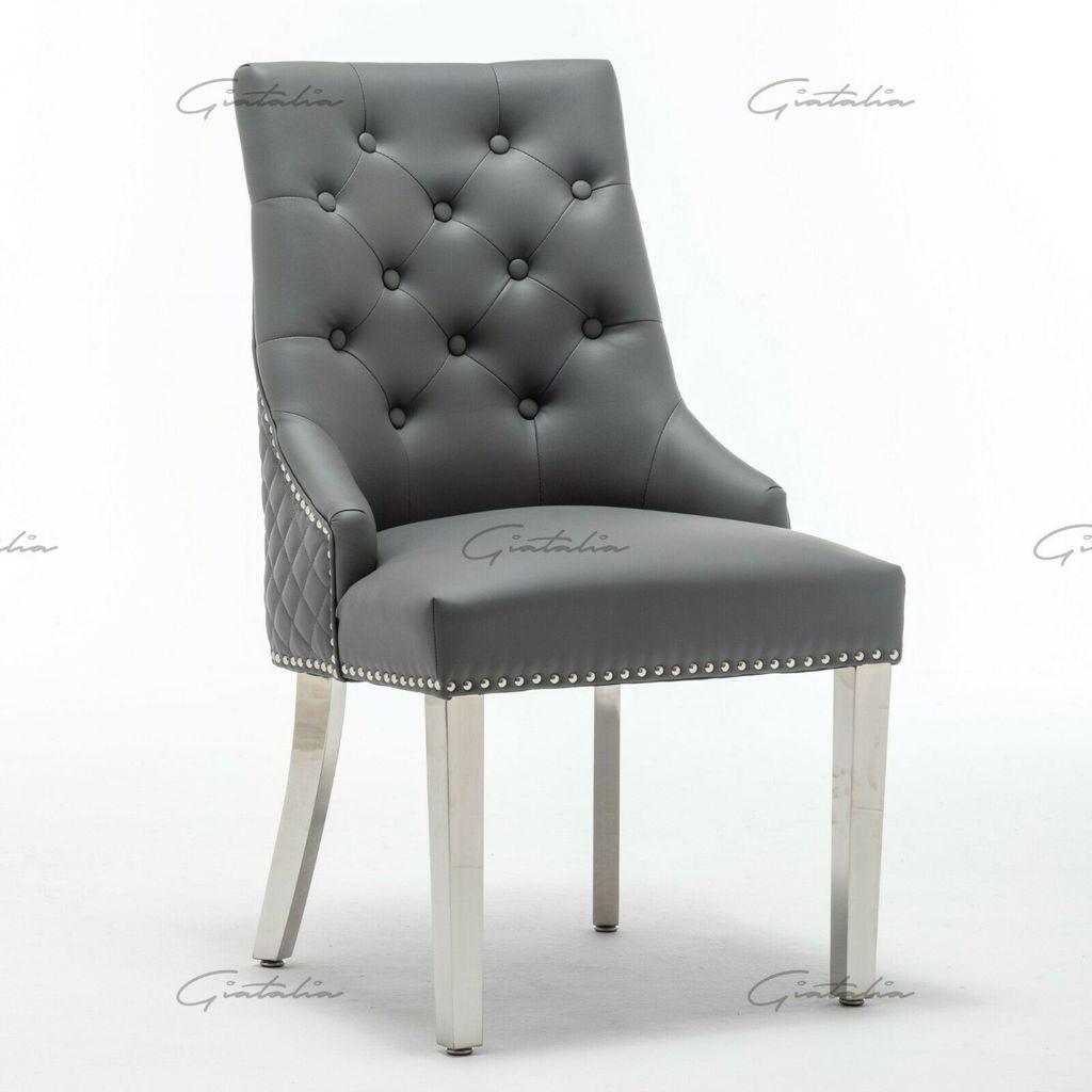 Arturo 180cm Grey Marble Dining Table + Grey Chrome Ring Knocker Faux Leather Chairs-Esme Furnishings