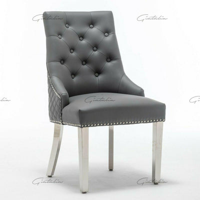 Arturo 180cm Grey Marble Dining Table + Grey Chrome Ring Knocker Faux Leather Chairs-Esme Furnishings