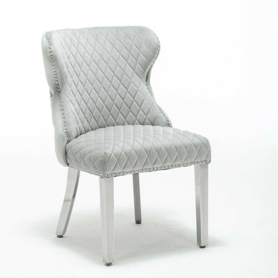 Arianna 180cm White Marble Dining Table + Light Grey Button Lion Knocker Velvet Chairs-Esme Furnishings