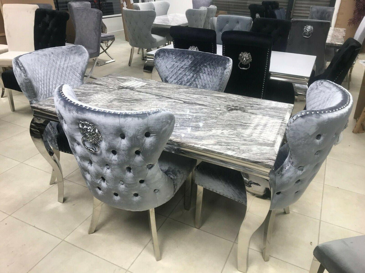 Louis 180cm Grey Marble Dining Table + Valente Dark Grey Lion Knocker Velvet Chairs-Esme Furnishings