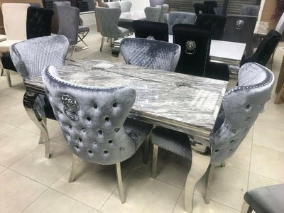 Louis 150cm White Marble Dining Table + Valente Dark Grey Lion Knocker Velvet Chairs-Esme Furnishings