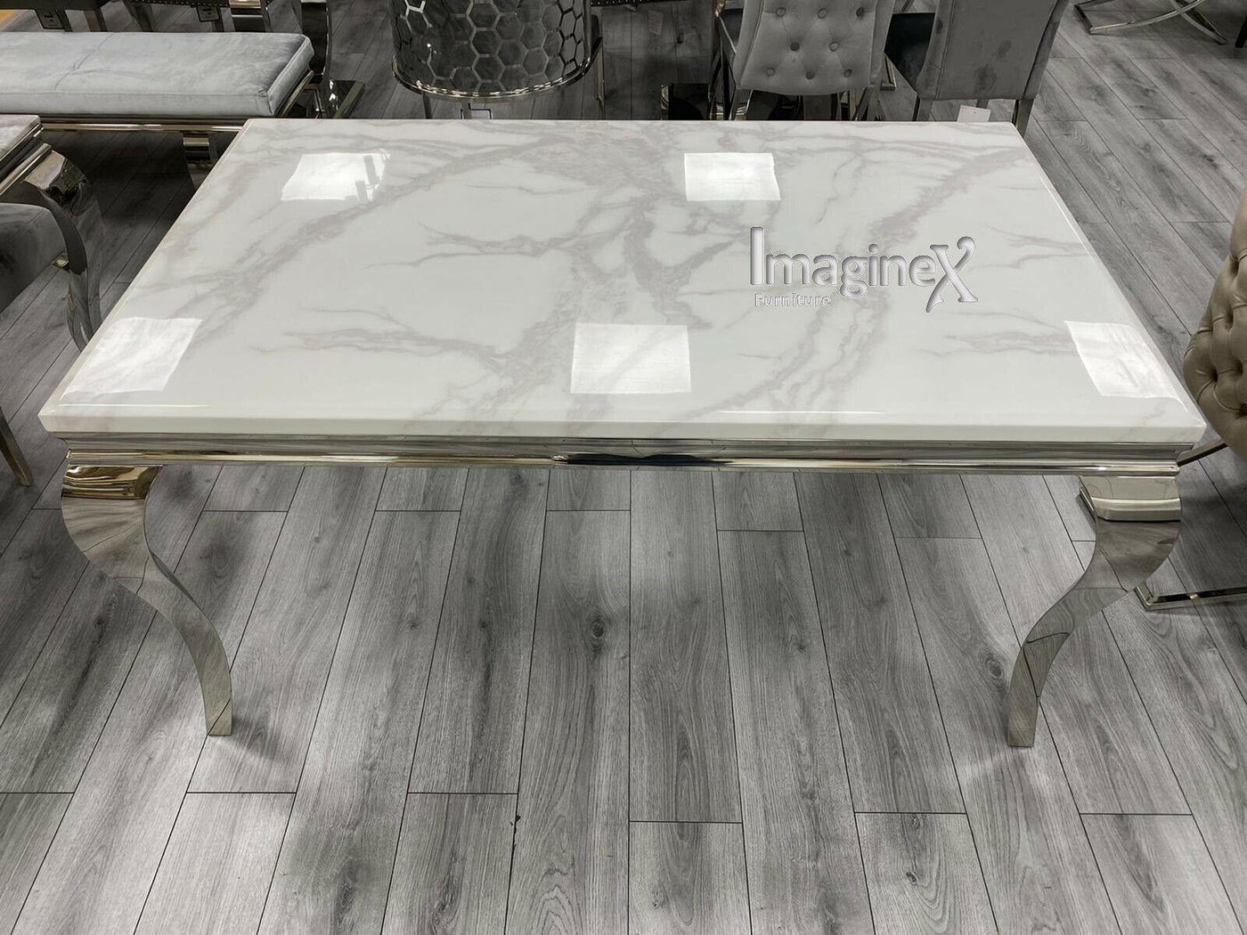 Louis 200cm White Marble Dining Table + Grey Chrome Ring Knocker Faux Leather Chairs-Esme Furnishings