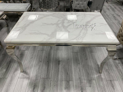 Louis 200cm White Marble Dining Table + Grey Chrome Ring Knocker Faux Leather Chairs-Esme Furnishings