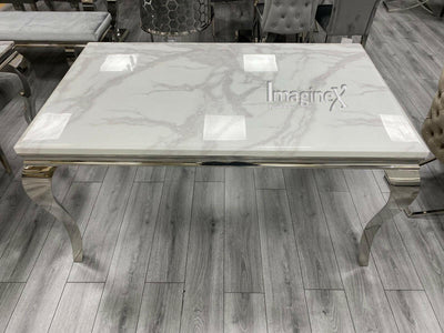 Louis 180cm White Marble Dining Table + Grey Lion Knocker Faux Leather Chairs-Esme Furnishings