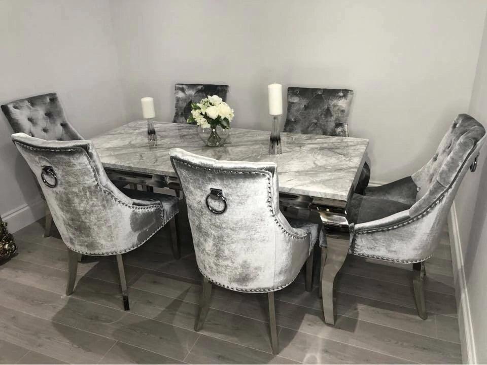 Louis 120cm Grey Marble Dining Table + Belle Plush Velvet Chairs-Esme Furnishings