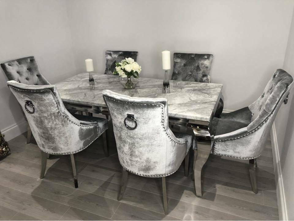 Louis 150cm Grey Marble Dining Table + Belle Plush Velvet Chairs-Esme Furnishings