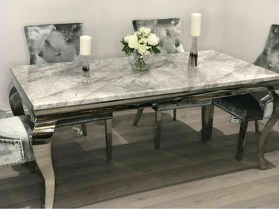Louis 150cm Grey Marble Dining Table + 4 Silver Grey Velvet Knocker Chairs + 110cm Bench-Esme Furnishings
