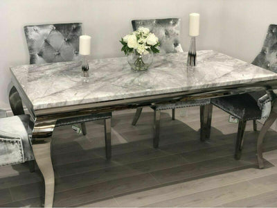 Louis 150cm Grey Marble Dining Table + 4 Grey Lion Knocker Quilted Back Chairs + 110cm Bench-Esme Furnishings