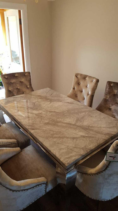 Louis 120cm White Marble Dining Table + Belle Plush Velvet Chairs-Esme Furnishings