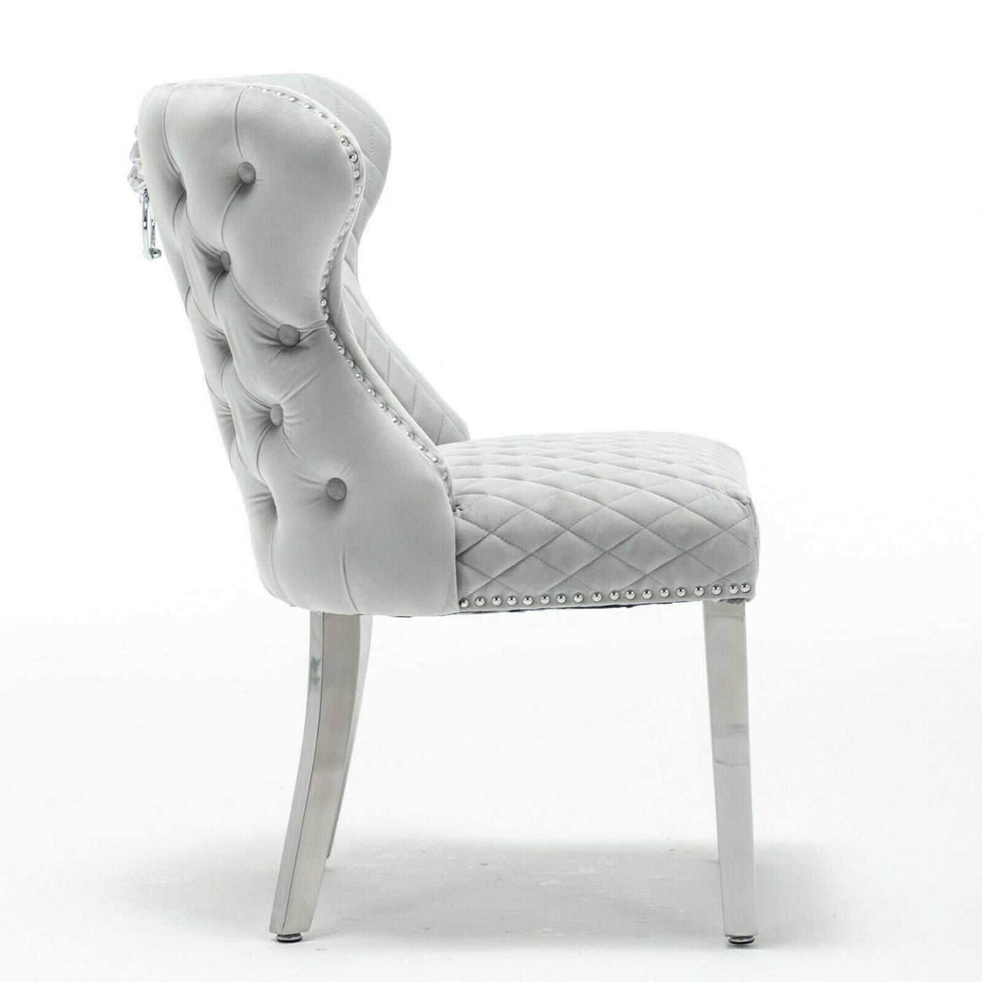 Arianna 180cm Grey Marble Dining Table + Light Grey Button Lion Knocker Velvet Chairs-Esme Furnishings