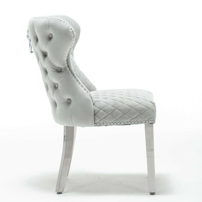 Arianna 180cm Grey Marble Dining Table + Light Grey Button Lion Knocker Velvet Chairs-Esme Furnishings