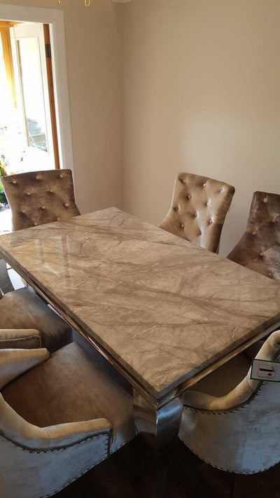 Louis 140cm White Marble Dining Table + Belle Plush Velvet Chairs-Esme Furnishings