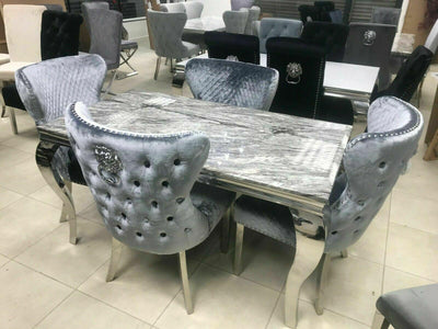 Louis White Marble 200CM Dining Table + Valente Dark Grey Lion Velvet Chairs-Esme Furnishings
