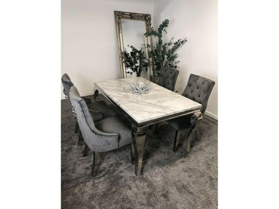 Louis 200cm Grey Marble Dining Table + Grey Lion Knocker Plush Velvet Chairs-Esme Furnishings