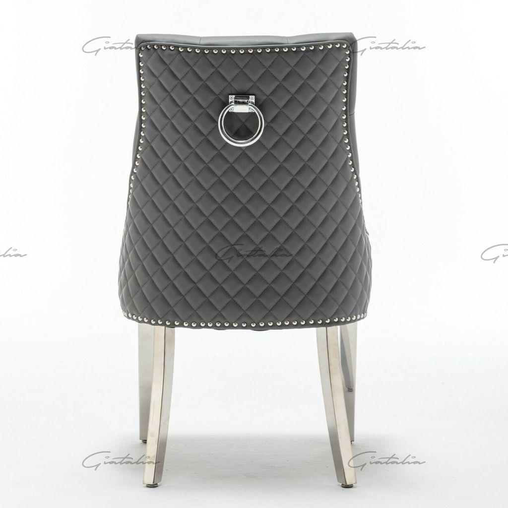 Ottavia 180cm White Marble Dining Table + Grey Chrome Ring Knocker Faux Leather Chairs-Esme Furnishings