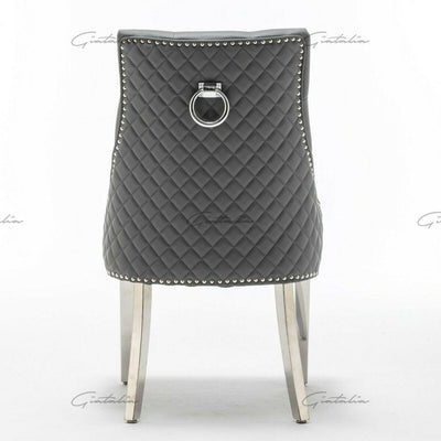 Ottavia 180cm White Marble Dining Table + Grey Chrome Ring Knocker Faux Leather Chairs-Esme Furnishings