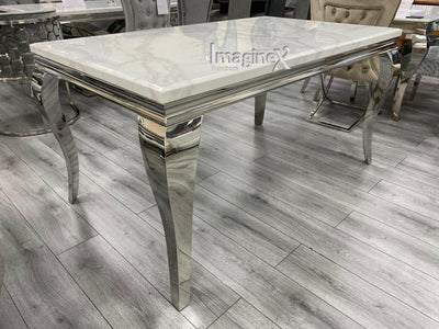 Louis White Marble 200CM Dining Table + Valente Dark Grey Lion Velvet Chairs-Esme Furnishings