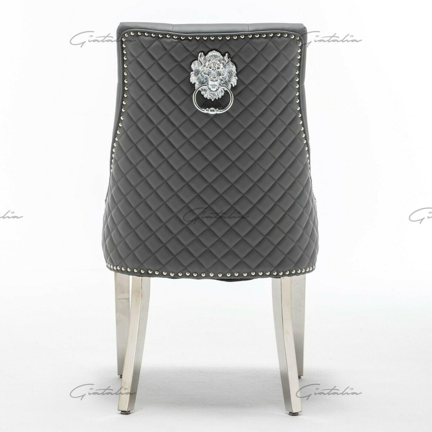 Arturo 180cm Grey Marble Dining Table + Grey Lion Knocker Faux Leather Chairs-Esme Furnishings