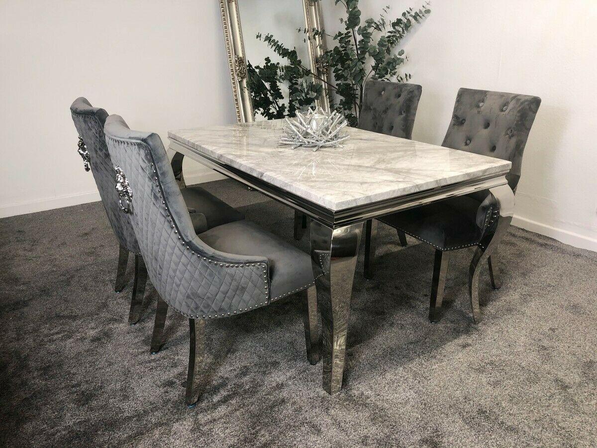Louis 200cm Grey Marble Dining Table + Grey Lion Knocker Plush Velvet Chairs-Esme Furnishings