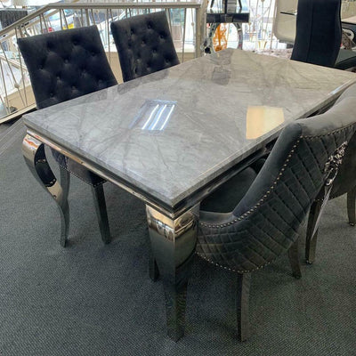 Louis 150cm Grey Marble Dining Table + 4 Grey Lion Knocker Quilted Back Chairs + 110cm Bench-Esme Furnishings
