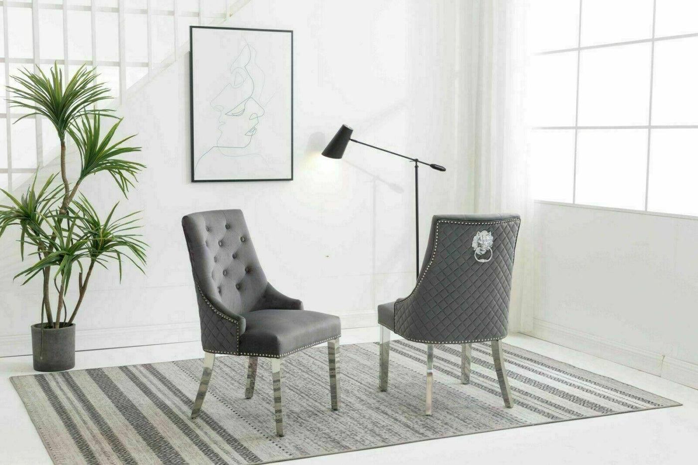 Louis 200cm White Marble Dining Table + Light Grey Lion Knocker Plush Velvet Chairs-Esme Furnishings