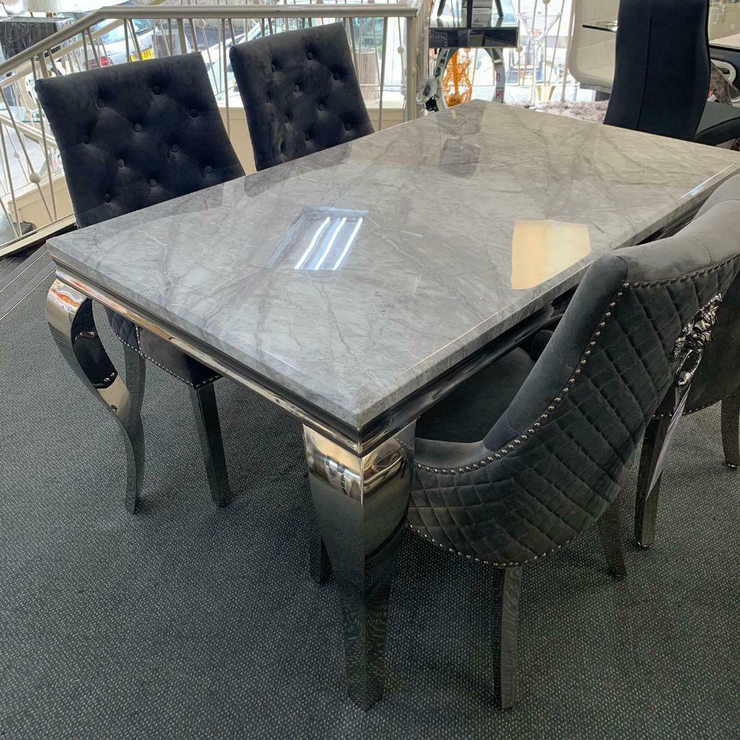 Louis 150cm White Marble Dining Table + Light Grey Lion Knocker Plush Velvet Chairs-Esme Furnishings