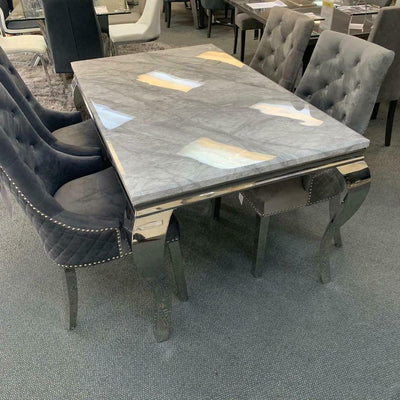 Louis 150cm Grey Marble Dining Table + 4 Grey Lion Knocker Quilted Back Chairs + 110cm Bench-Esme Furnishings