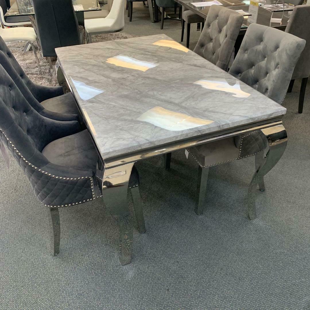 Louis 200cm Grey Marble Dining Table + Light Grey Lion Knocker Plush Velvet Chairs-Esme Furnishings