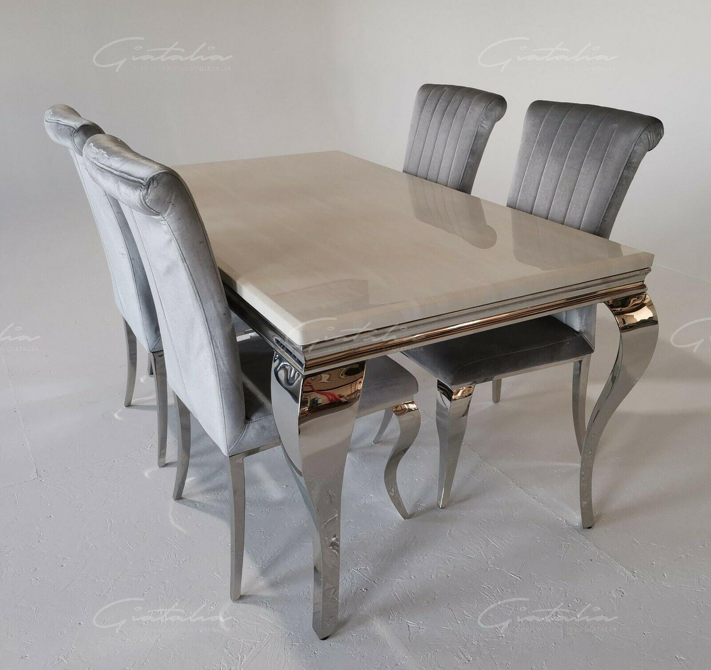 Louis 140cm Cream Marble Dining Table + Louis Plush Velvet Dining Chairs-Esme Furnishings