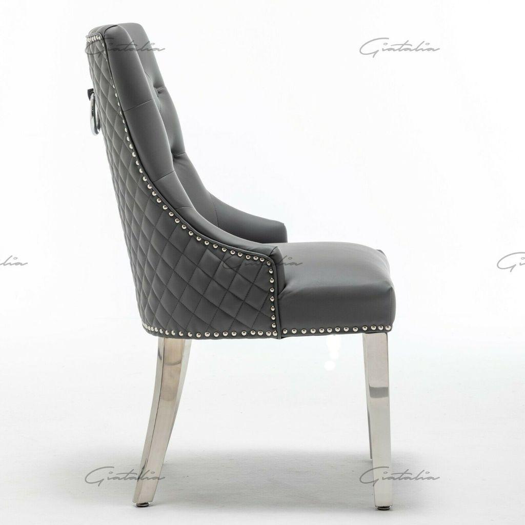 Arturo 180cm Grey Marble Dining Table + Grey Chrome Ring Knocker Faux Leather Chairs-Esme Furnishings