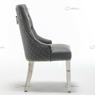 Arturo 180cm Grey Marble Dining Table + Grey Chrome Ring Knocker Faux Leather Chairs-Esme Furnishings