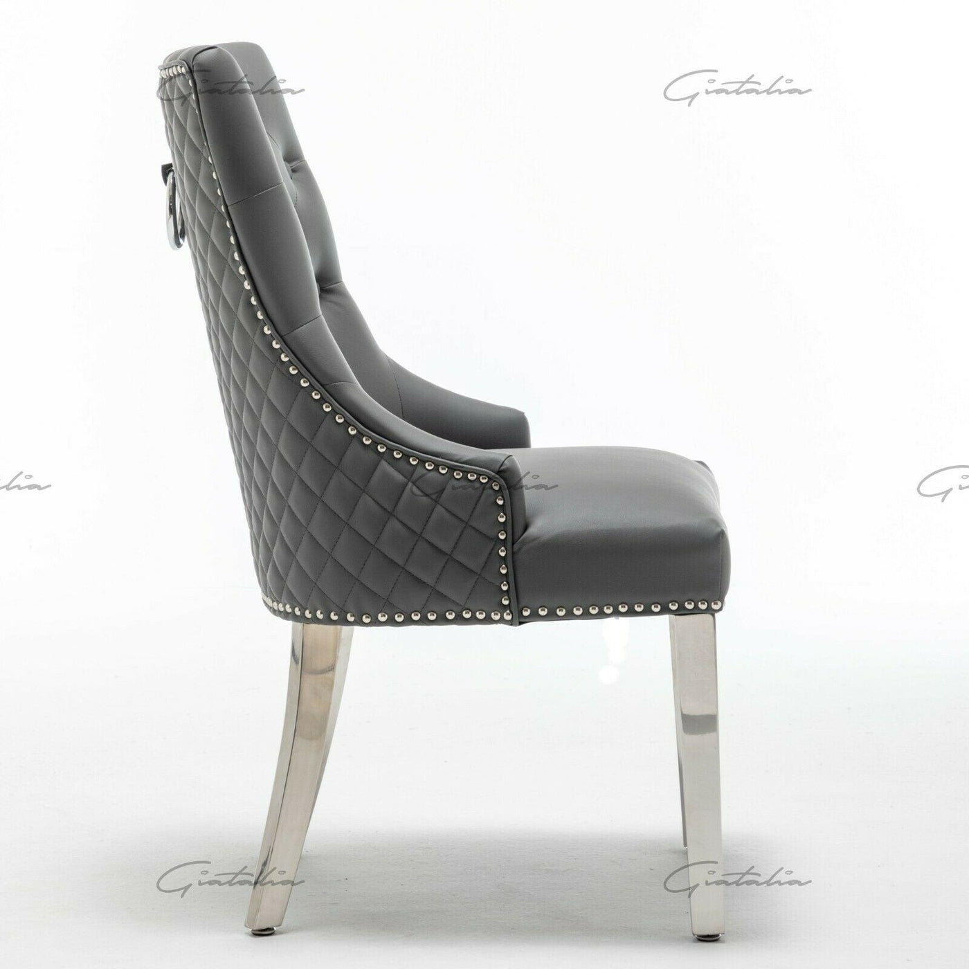 Weston Grey PU Dining Chair Faux Leather Round Ring Knocker Chrome-Esme Furnishings