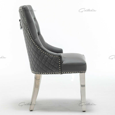 Weston Grey PU Dining Chair Faux Leather Round Ring Knocker Chrome-Esme Furnishings