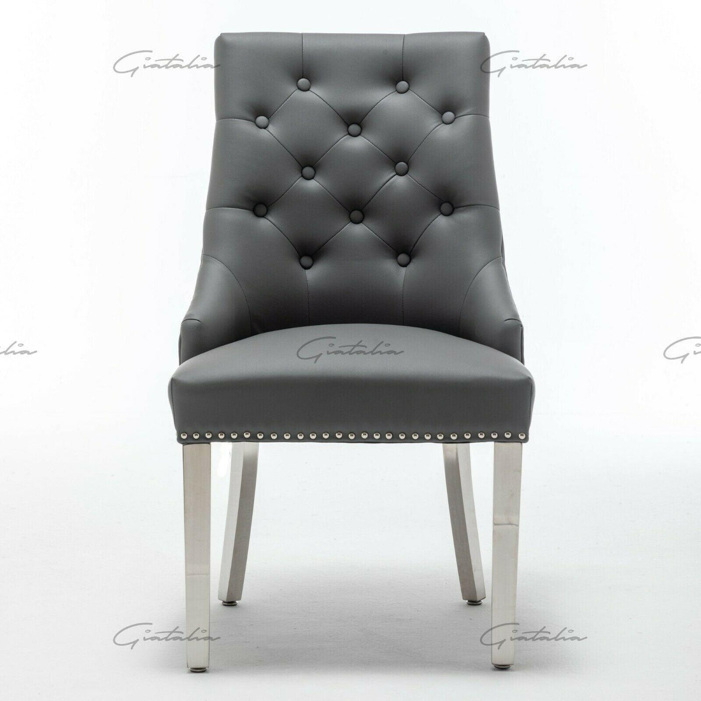 Arturo 180cm Grey Marble Dining Table + Grey Lion Knocker Faux Leather Chairs-Esme Furnishings