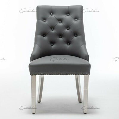 Arturo 180cm Grey Marble Dining Table + Grey Lion Knocker Faux Leather Chairs-Esme Furnishings