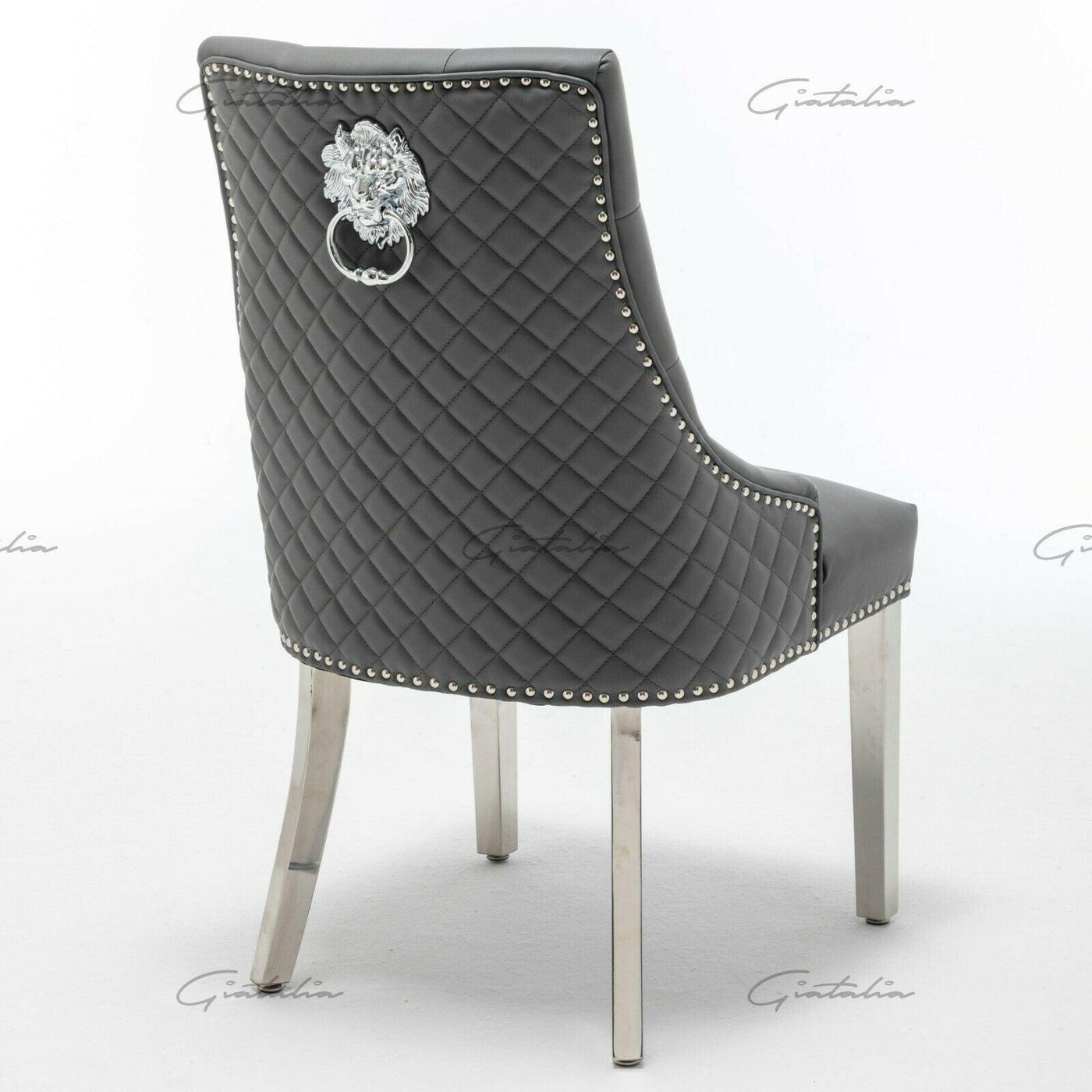 Arturo 180cm Grey Marble Dining Table + Grey Lion Knocker Faux Leather Chairs-Esme Furnishings