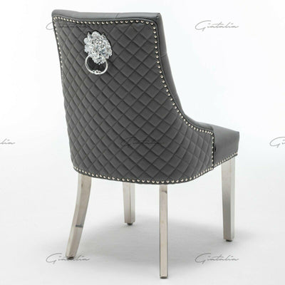 Arturo 180cm Grey Marble Dining Table + Grey Lion Knocker Faux Leather Chairs-Esme Furnishings